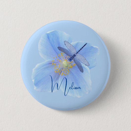 Libelle auf Blaue Mohn-Bluse-Knopf Button (Vorderseite)