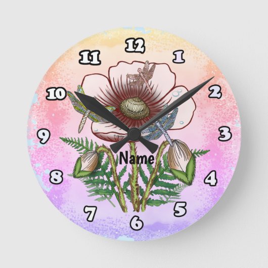 Libelle Blasse Mohnblume Runde Wanduhr (Vorderseite)