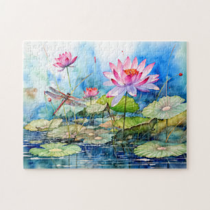 Libelle fliegt durch rosa Seerosen Puzzle