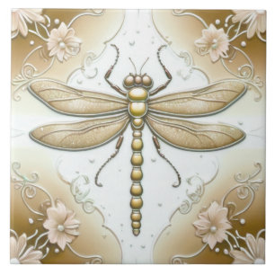 Libelle Gold und Weiße Blume Kunst Tan Braun Fliese