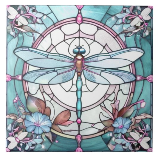 Libelle hellblau und weiß Buntglas Fliese (Vorderseite)