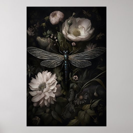 Libelle im dunklen Blumen-Garten-Druck, Moody Poster (Vorne)