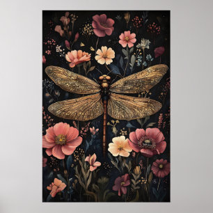 Libelle im dunklen Blumengarten, melancholische Li Poster