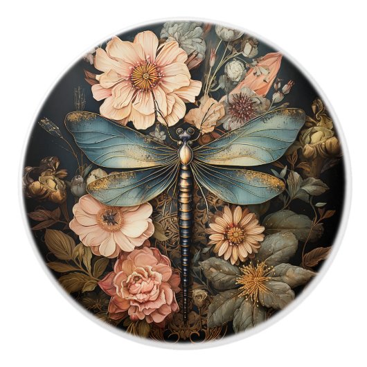Libelle in Blumen Keramikknauf (Vorderseite)