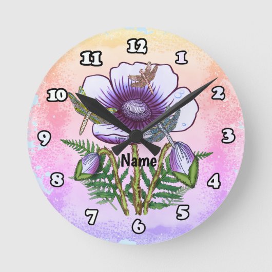Libelle Lila Mohn Runder Uhr (Vorderseite)