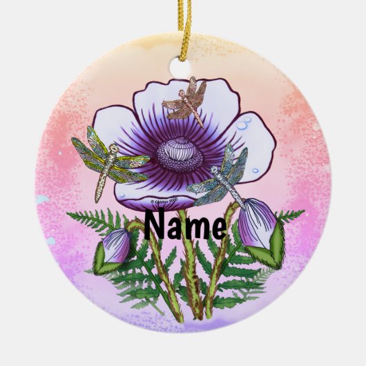 Libelle Lila Mohnblume Keramik Ornament (Vorne)