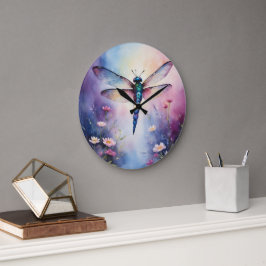 Libelle mit Lila Blume Große Wanduhr