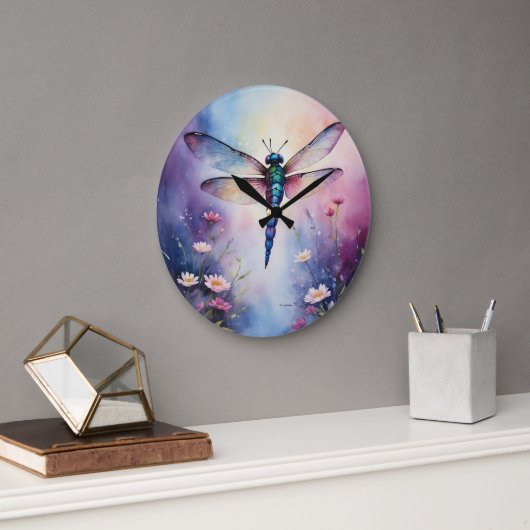 Libelle mit Lila Blume Große Wanduhr (Büro)