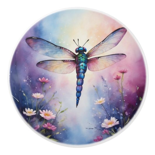 Libelle mit Lila Blume Keramikknauf (Vorderseite)