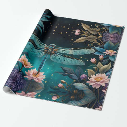 Libelle nachts im Blumengarten Geschenkpapier (Ungerollt)