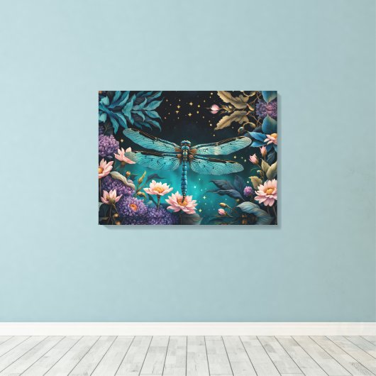 Libelle nachts im Blumengarten Leinwanddruck (Insitu (Holzboden))