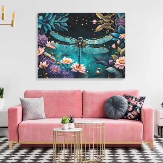 Libelle nachts im Blumengarten Leinwanddruck (Insitu (Wohnzimmer))