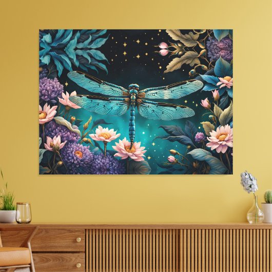 Libelle nachts im Blumengarten Leinwanddruck (Insitu (Wohnzimmer))