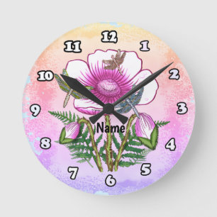 Libelle Pink Mohnblume Runde Wanduhr