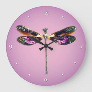 Libelle - Silber, Gold, lila und schwarz Große Wanduhr