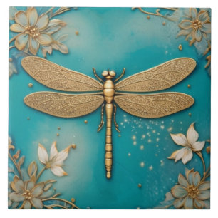 Libelle Türkis Türkis & Gold Faux-Relief Asiatisch Fliese