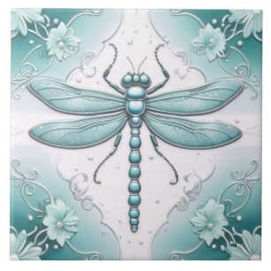 Libelle Türkis und Weiße Blume Kunst Teal Fliese