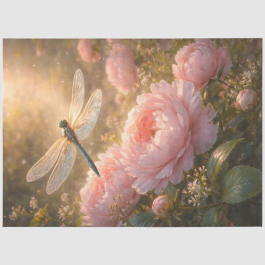 Libelle über rosa Pfingstrosen Frühlingsgarten Bot Seidenpapier (Vorderseite)