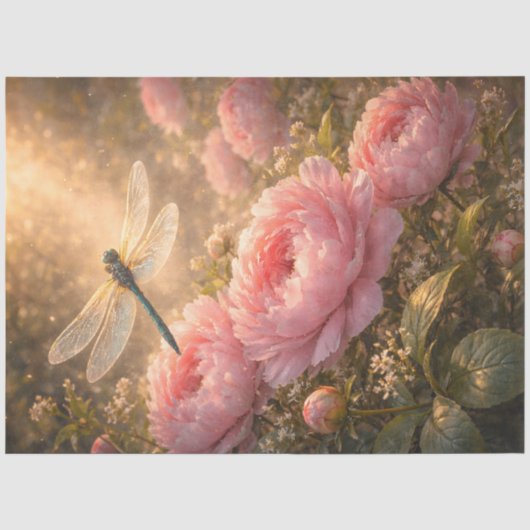 Libelle über rosa Pfingstrosen Frühlingsgarten Seidenpapier (Vorderseite)
