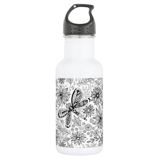 Libelle und Blume-Doodle Edelstahlflasche (Vorderseite)