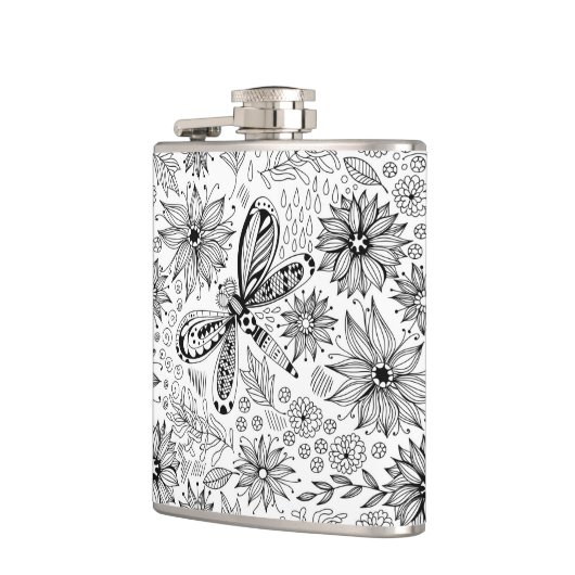 Libelle und Blume-Doodle Flachmann (Links)