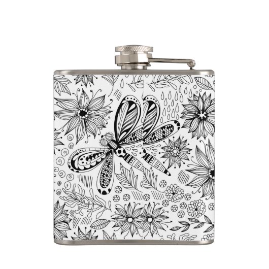 Libelle und Blume-Doodle Flachmann (Rückseite)