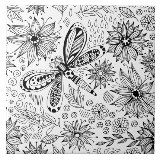 Libelle und Blume-Doodle Fliese (Vorderseite)