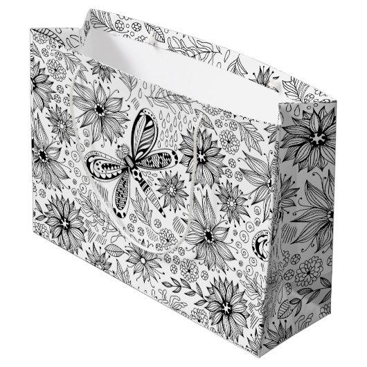 Libelle und Blume-Doodle Große Geschenktüte (Rückseite Schrägansicht)