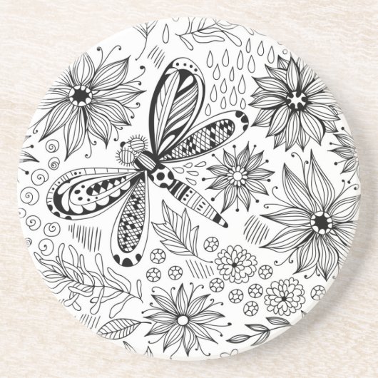 Libelle und Blume-Doodle Sandstein Untersetzer (Vorne)