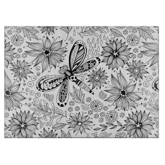 Libelle und Blume-Doodle Schneidebrett (Vorderseite)