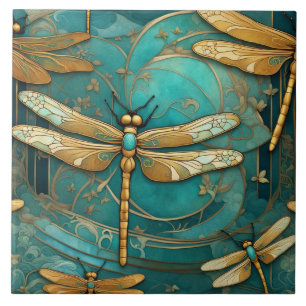 Libellen Art Nouveau Art Deco Türkis & Gold Insekt Fliese
