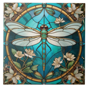 Libellen Art Nouveau Deco Aqua Blau Buntglas Fliese