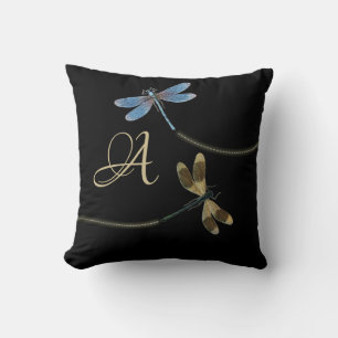 Libellen auf schwarzem Monogramm Kissen