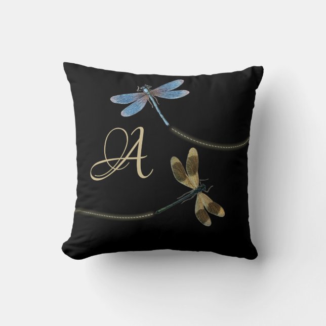 Libellen auf schwarzem Monogramm Kissen (Vorderseite)