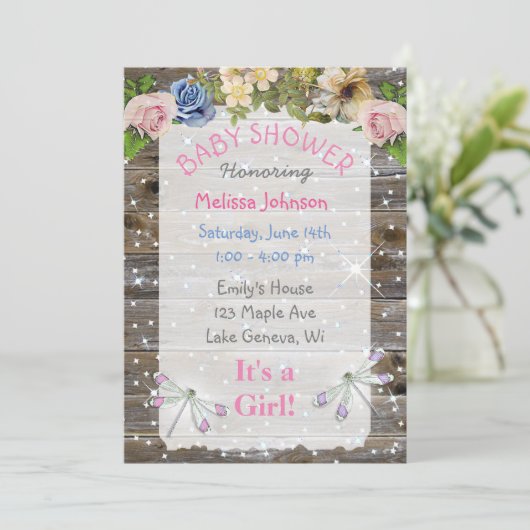 Libellen, Blume und Glitzern Kinderdusche Einladung (Stehend Vorderseite)