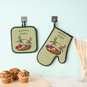 Libellen Blumenkorb Personalisiert Ofenhandschuh & Topflappen-Set