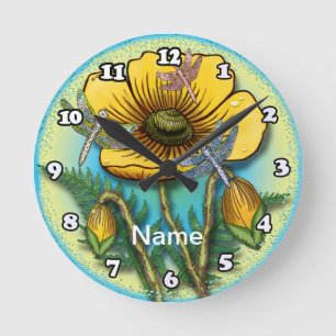 Libellen-Gelber Mohn Runde Wanduhr