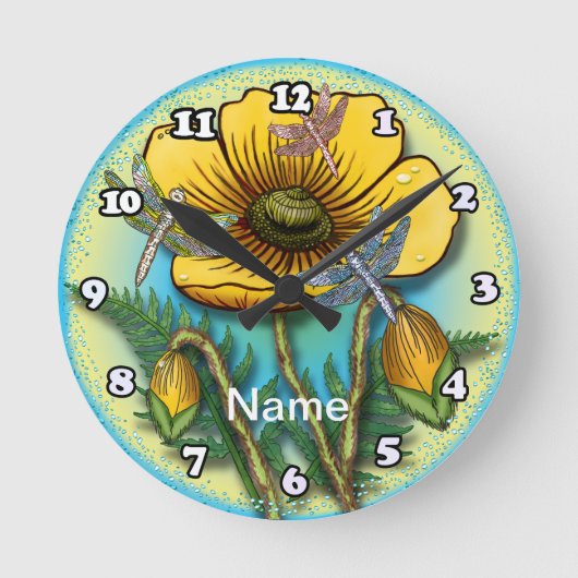 Libellen-Gelber Mohn Runde Wanduhr (Vorderseite)