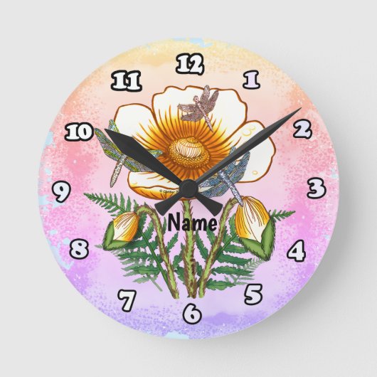 Libellen-Gelber Mohn Runde Wanduhr (Vorderseite)