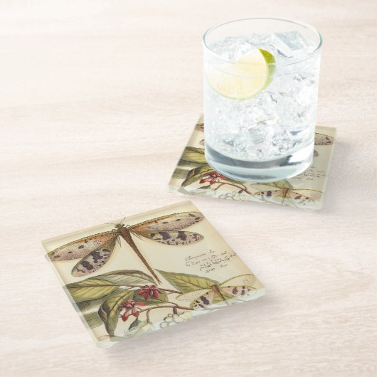 Libellen mit Blätter und Obst Glasuntersetzer (Schrägansicht)