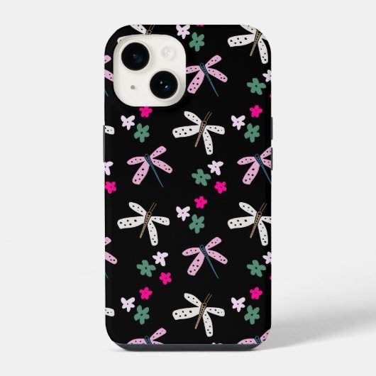Libellen und Blume auf schwarz iPhone Hülle (Rückseite)