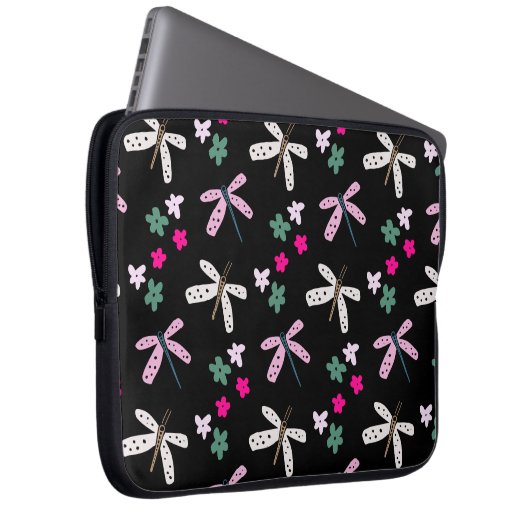 Libellen und Blume auf schwarz Laptopschutzhülle (Vorne Rechts)