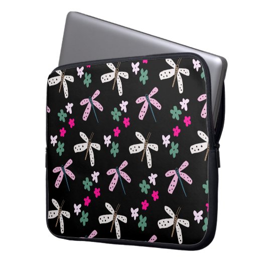 Libellen und Blume auf schwarz Laptopschutzhülle (Vorderseite Links)