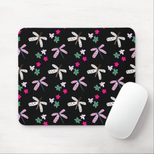 Libellen und Blume auf schwarz Mousepad