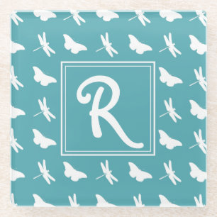 Libellen- und Schmetterlingsmuster-Monogramm Glasuntersetzer