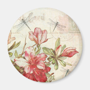 Libellen-Vintage rote Blumen-mit Blumenazaleen Magnet