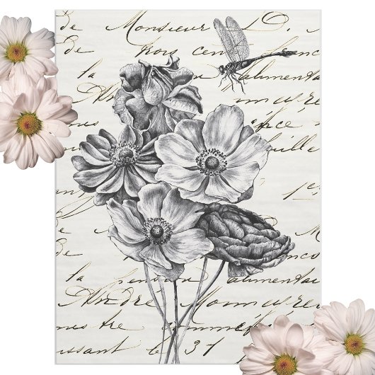 Libellen-Wildblumen-Französische-Script-Decoupage- Seidenpapier
