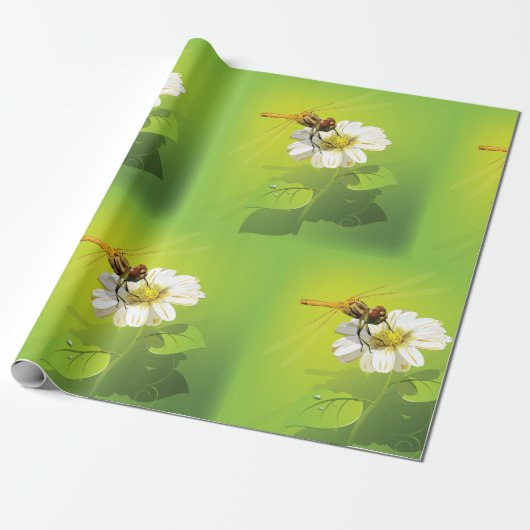 Libellenfliege auf einem Blume-Wrapper Geschenkpapier (Ungerollt)