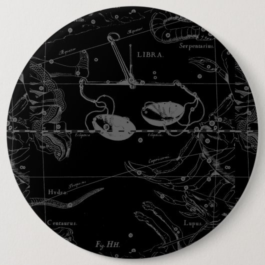 Libra Constellation Map Hevelius 1690 auf Schwarz Button (Vorderseite)