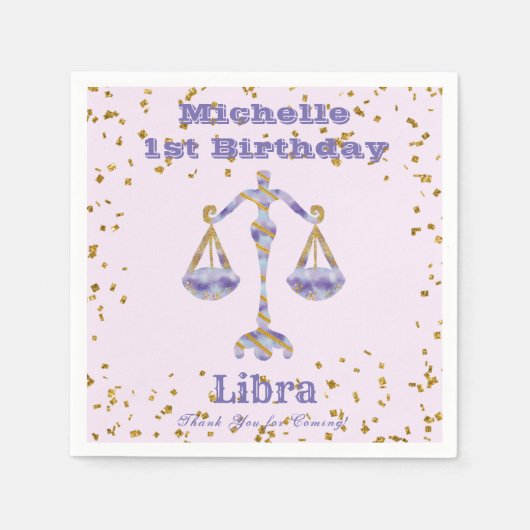 Libra First Birthday & Gold Confetti Serviette (Vorderseite)